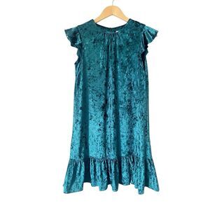 Milly Minis Blue Crushed‎ Velvet Ruffle Trim Lined Flutter Sleeve Shift Dress 16